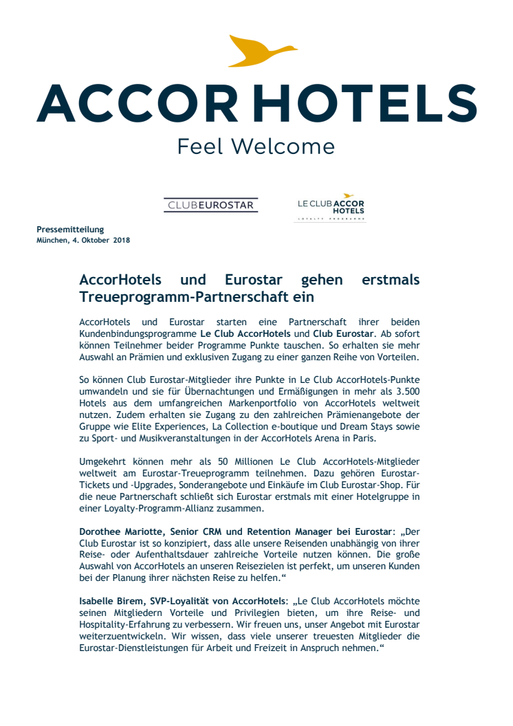 AccorHotels und Eurostar gehen erstmals Treueprogramm-Partnerschaft ein 