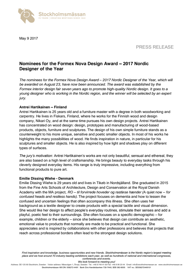 Nominees for the Formex Nova Design Award – 2017 Nordic Designer of the Year