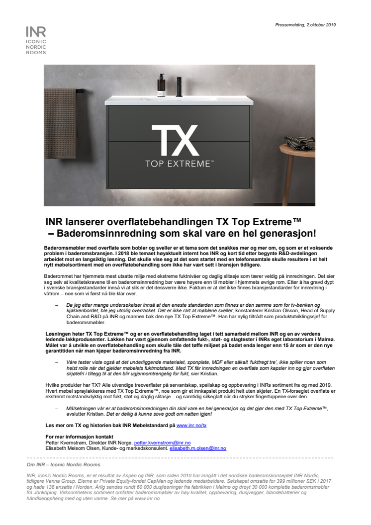 INR lanserer overflatebehandlingen TX Top Extreme™: Baderomsinnredning som skal vare en hel generasjon!