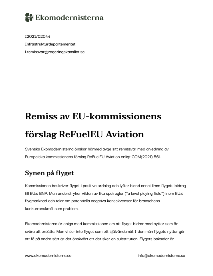 Svenska Ekomodernisternas remissvar av EU-kommissionens förslag ReFuelEU Aviation