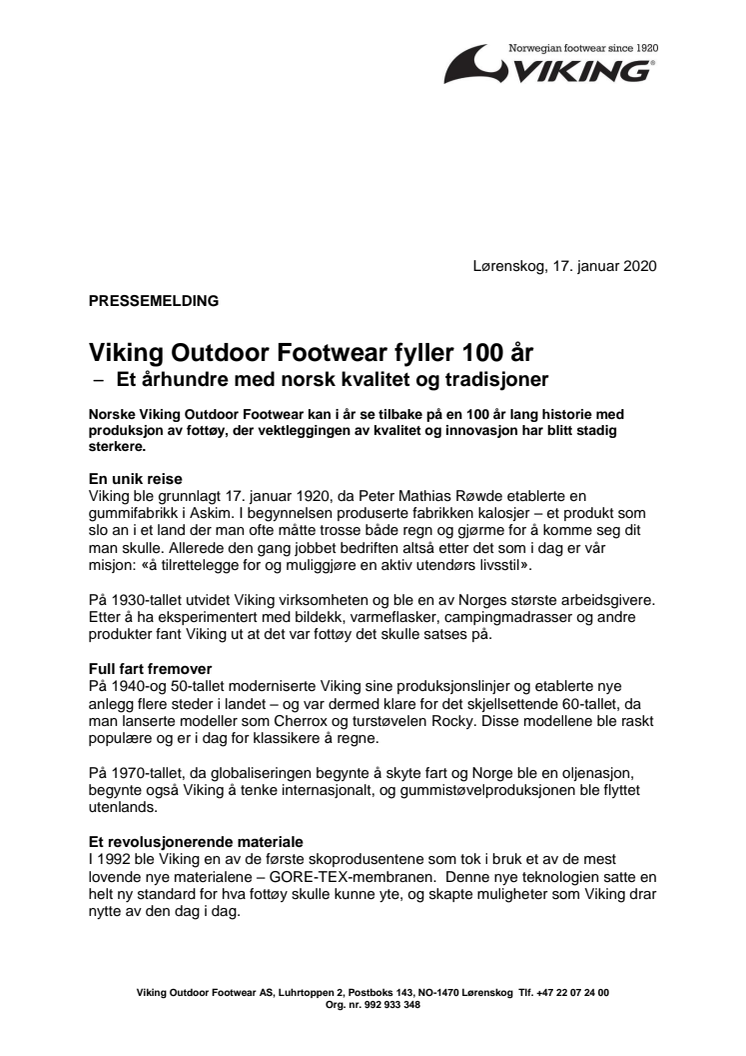Viking Outdoor Footwear fyller 100 år