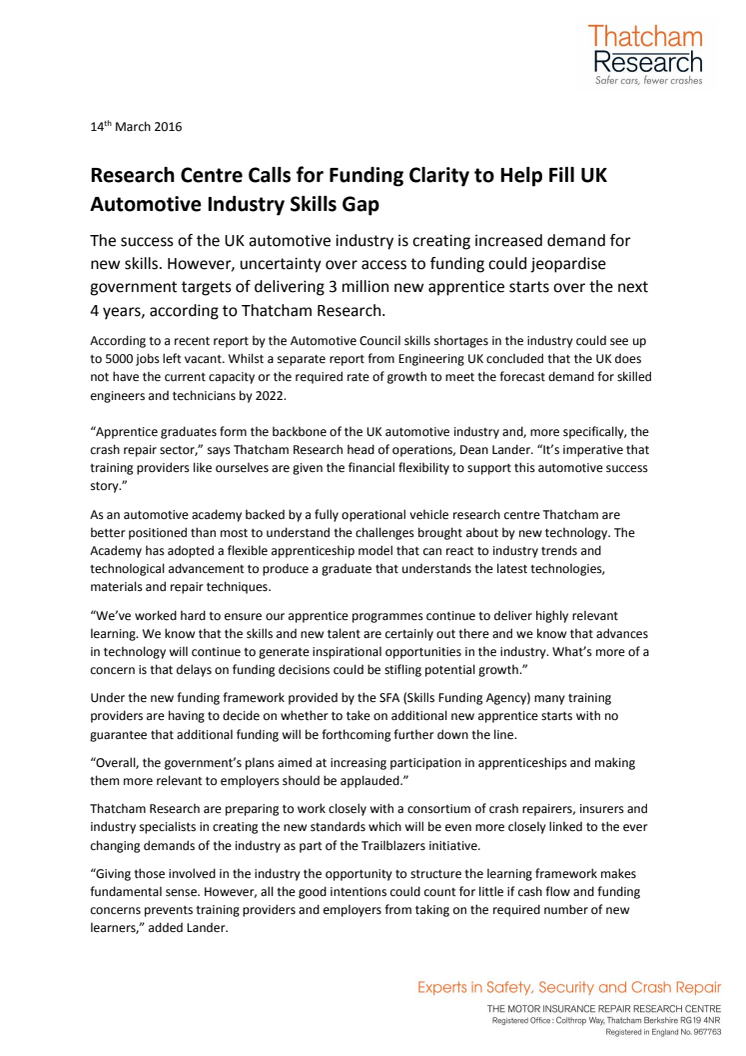 Research Centre calls For Funding Clarity to Help Fill UK Automotive Industry Skills Gap 