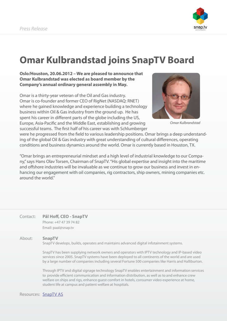 Omar Kulbrandstad joins SnapTV Board