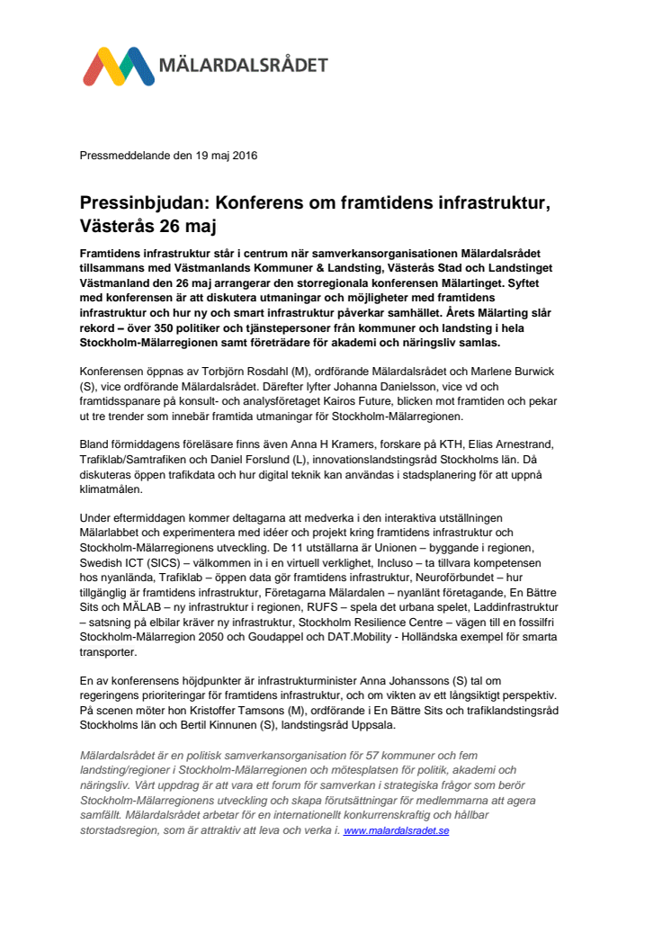 Pressinbjudan: Konferens om framtidens infrastruktur, Västerås 26 maj