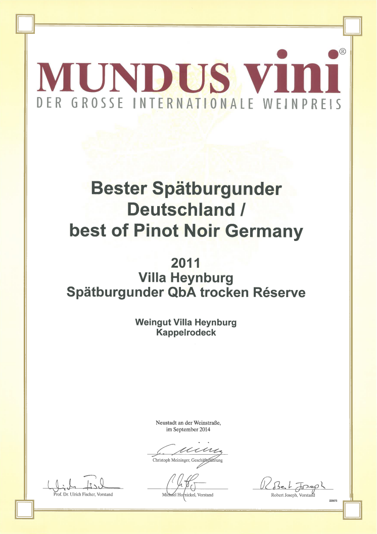 Urkunde Spätburgunder Réserve 2011 Villa Heynburg - Mundus Vini 2014