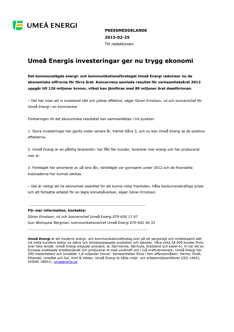Umeå Energis investeringar ger nu trygg ekonomi