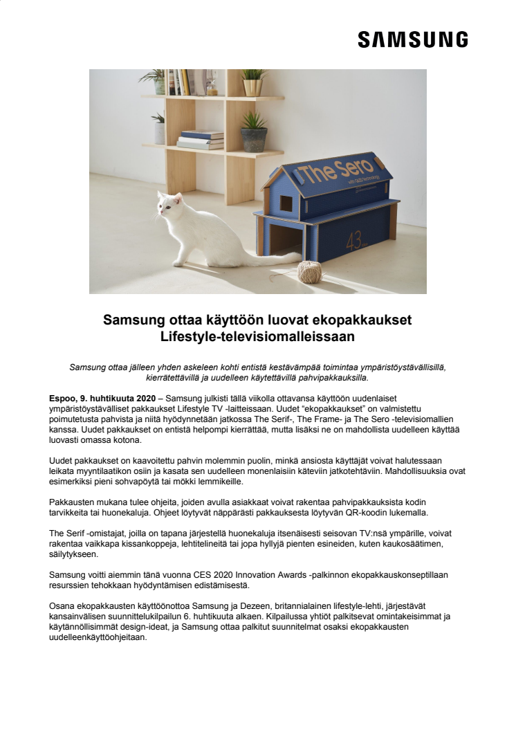 Samsung ottaa käyttöön luovat ekopakkaukset Lifestyle-televisiomalleissaan