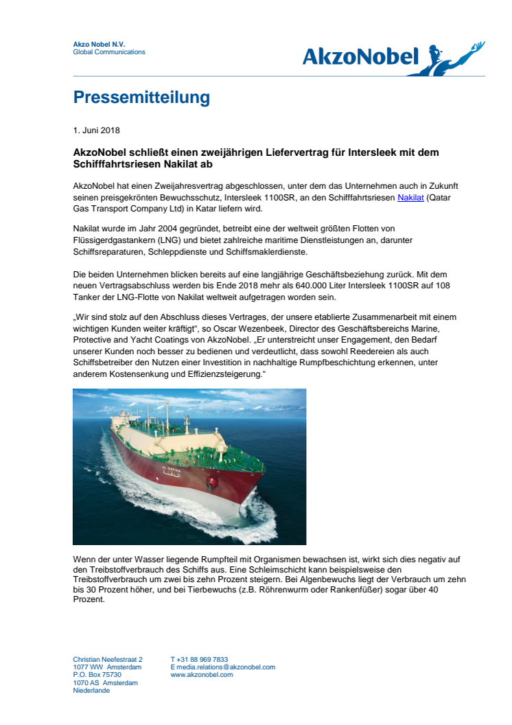 AkzoNobel schließt einen zweijährigen Liefervertrag für Intersleek mit dem Schifffahrtsriesen Nakilat ab