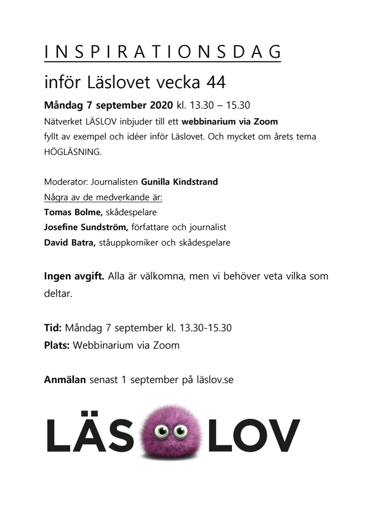 LÄSLOV PROGRAM INSPIRATIONSDAG 7 SEPT 2020