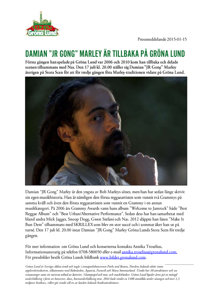 Damian "JR Gong" Marley är tillbaka på Gröna Lund