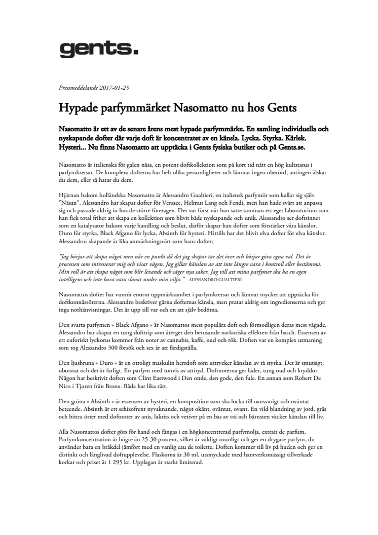 Hypade parfymmärket Nasomatto nu hos Gents