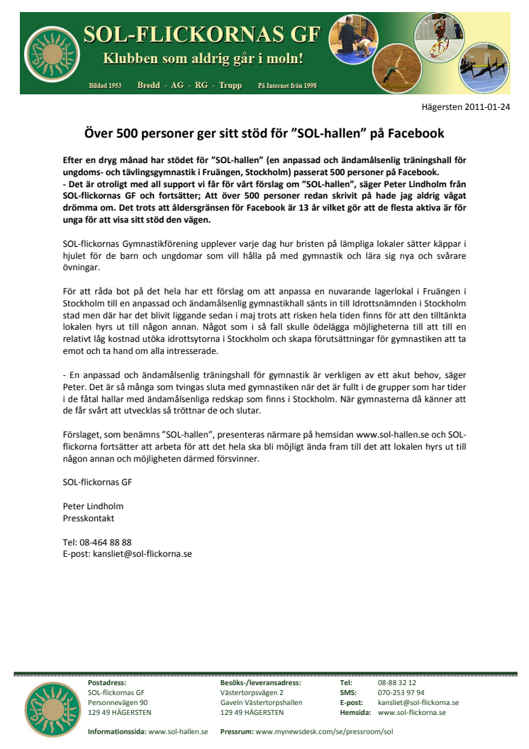Över 500 personer ger sitt stöd för ”SOL-hallen” på Facebook