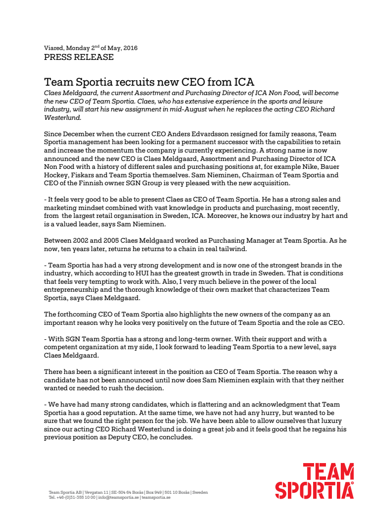 Team Sportia recruits new CEO from ICA