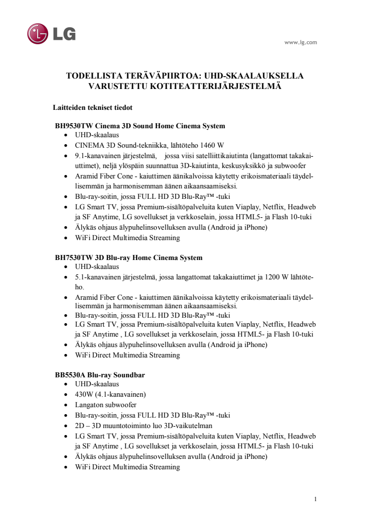 LG CES 2013 tekniset tiedot liite_kotiteatterijärjestelmät