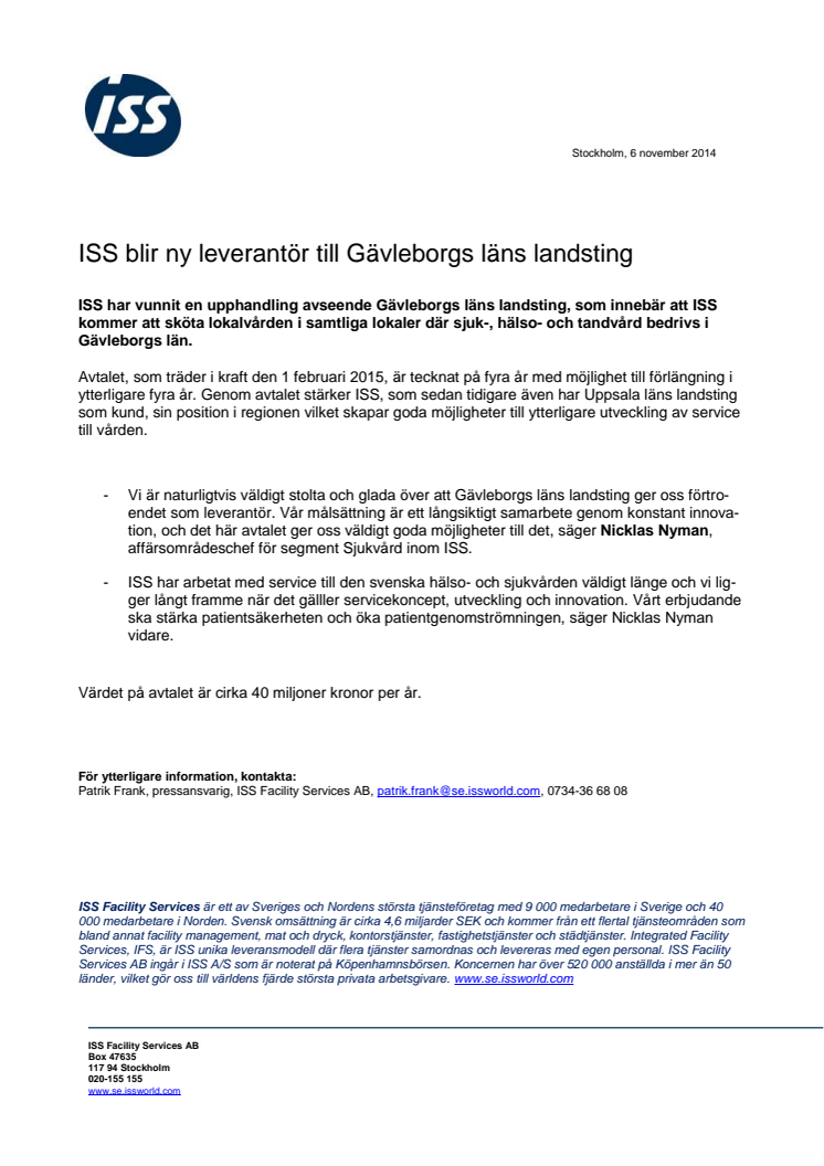 ISS blir ny leverantör till Gävleborgs läns landsting
