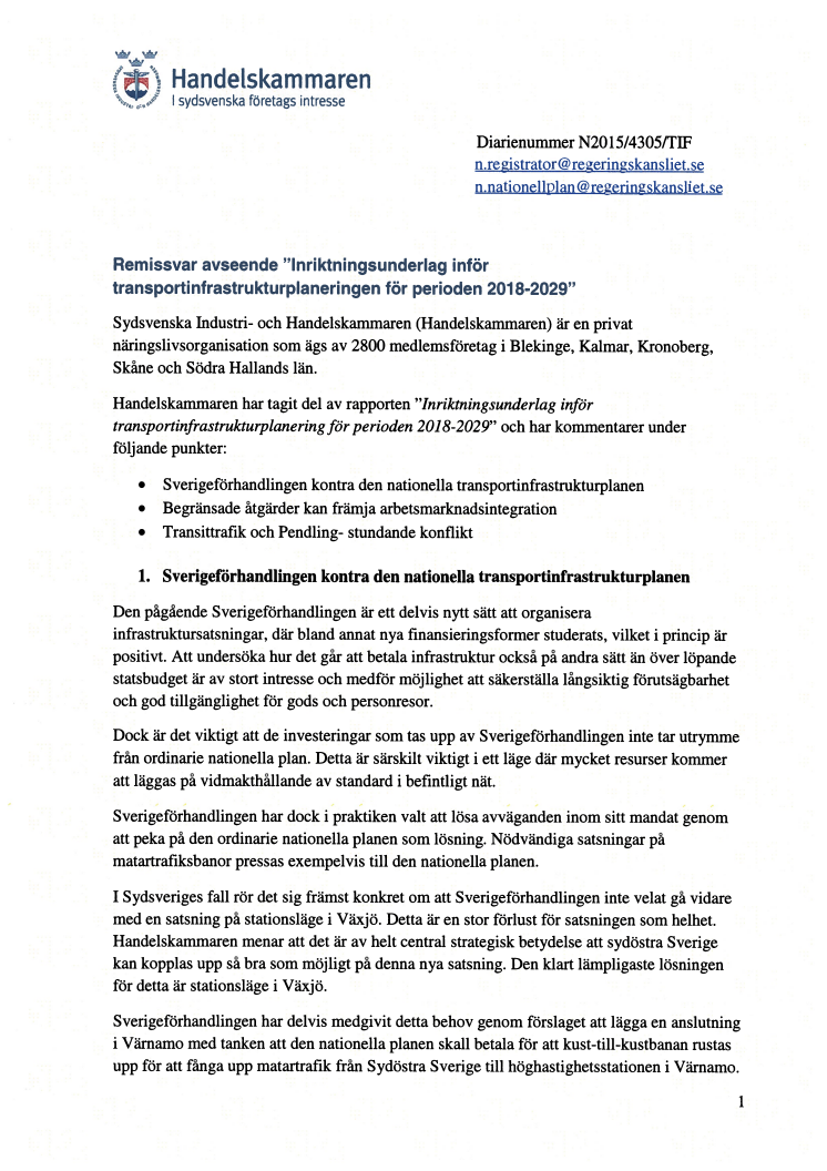 Remissvar Inriktningsunderlag inför transportinfrastrukturplaneringen för perioden 2018-2029