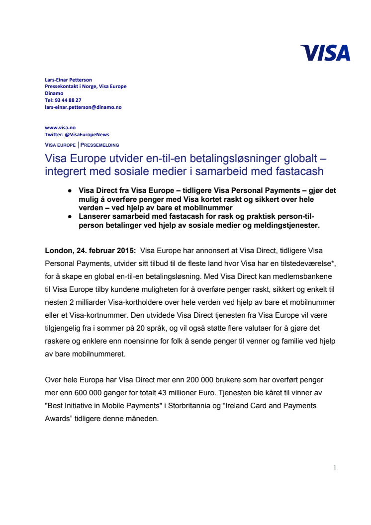 Visa Europe utvider en-til-en betalingsløsninger globalt – integrert med sosiale medier i samarbeid med fastacash