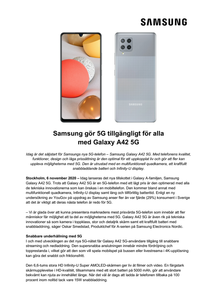 Samsung gör 5G tillgängligt för alla med Galaxy A42 5G
