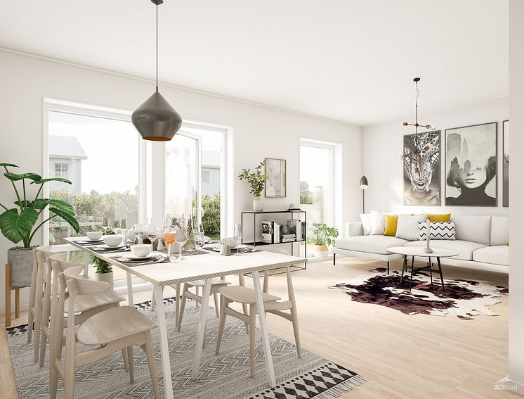 3D Illustration över vardagsrummet - Brf Magasinet