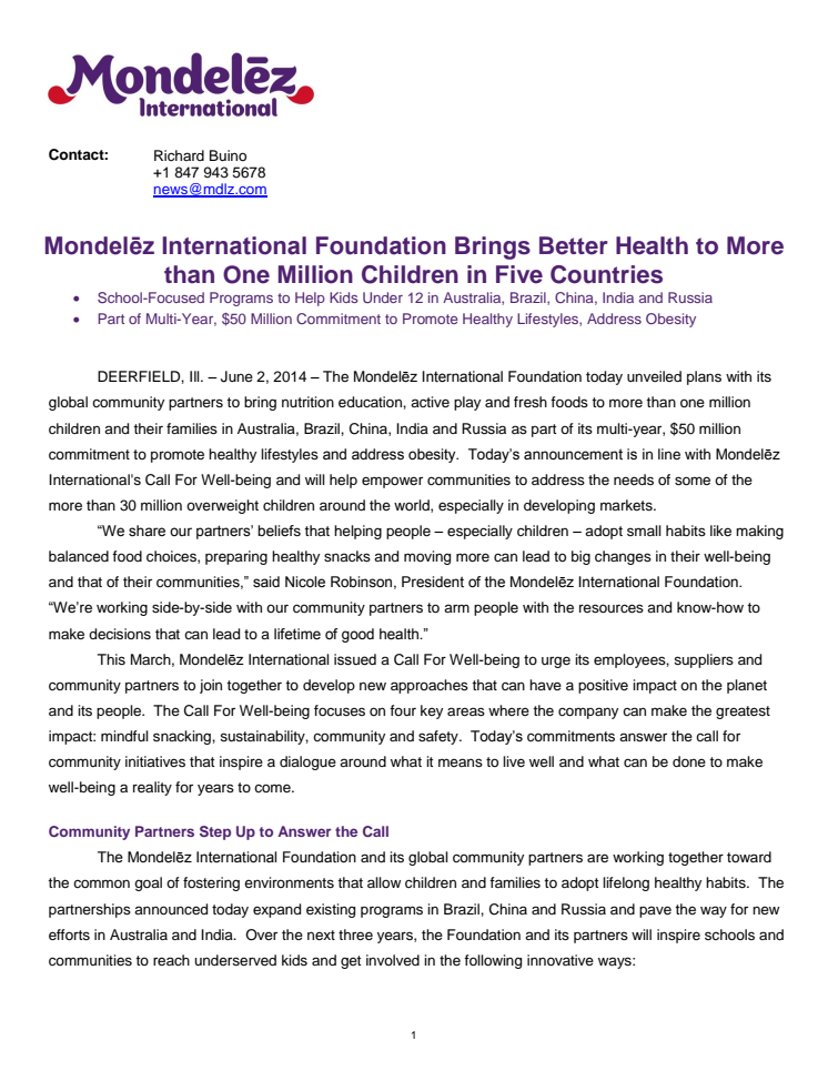 Mondelēz International Foundation Brings Better Health to More than One Million Children in Five Countries