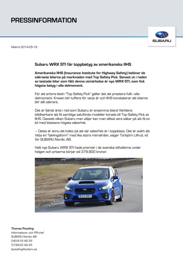 Subaru WRX STI får toppbetyg av amerikanska IIHS
