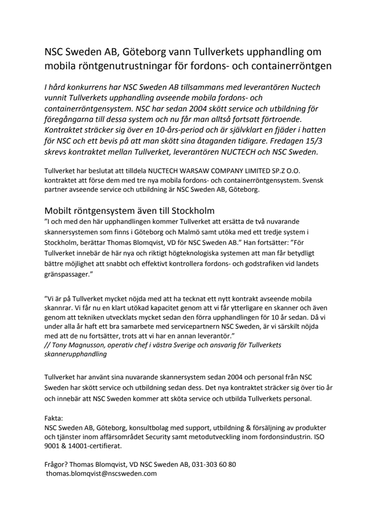NSC Sweden AB vann Tullverkets upphandling om mobila röntgenutrustningar för fordons- och containerröntgen