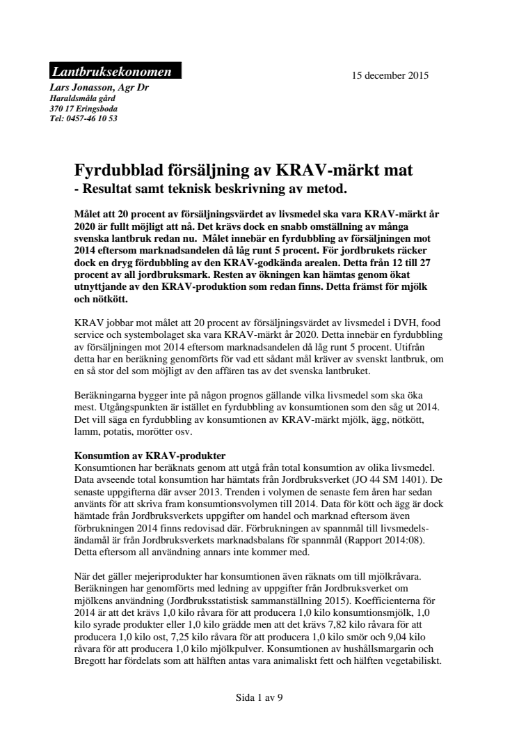 Uträkning: Vad krävs för att KRAV-märkt ska nå en marknadsandel på 20% år 2020?