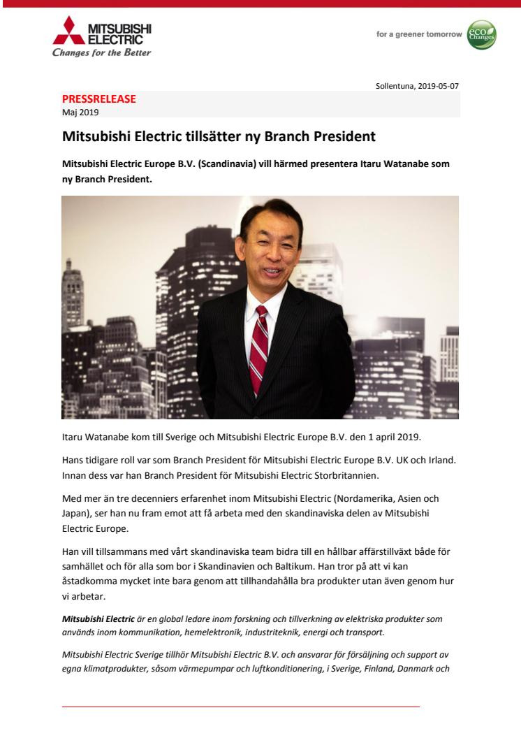 Mitsubishi Electric tillsätter ny Branch President