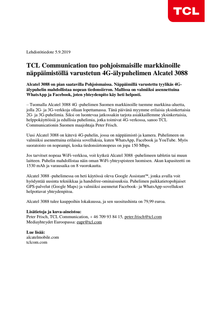 TCL Communication tuo pohjoismaisille markkinoille näppäimistöllä varustetun 4G-älypuhelimen Alcatel 3088 