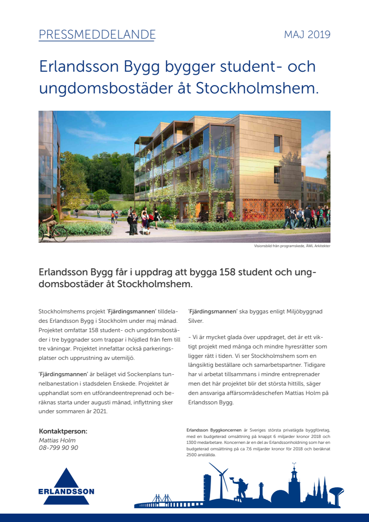 Erlandsson Bygg bygger 158 student- och ungdomsbostäder åt Stockholmshem