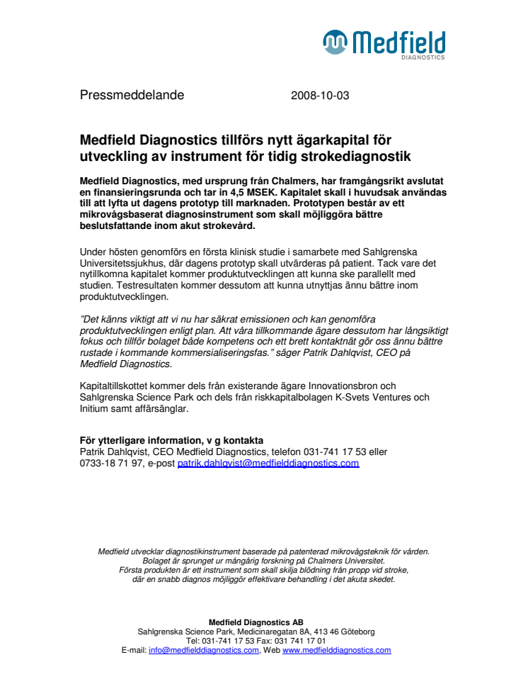 Medfield Diagnostics tillförs nytt ägarkapital för utveckling av instrument för tidig strokediagnostik