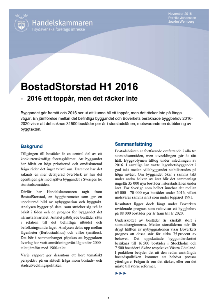 BostadStorstad H1 2016  -  2016 ett toppår, men det räcker inte  