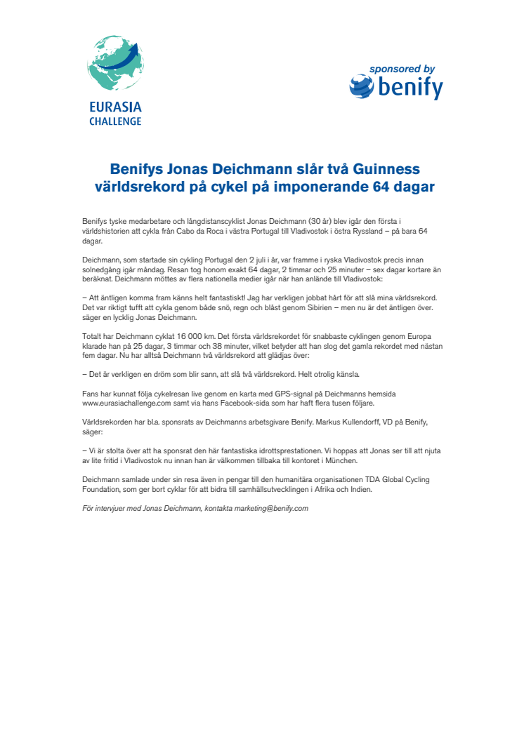 Benifys Jonas Deichmann slår två Guinness världsrekord på cykel på imponerande 64 dagar
