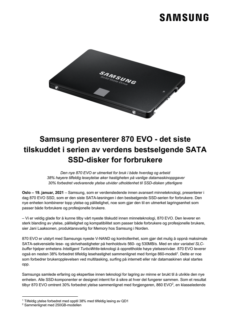 Samsung presenterer 870 EVO - det nyeste tilskuddet i serien av verdens bestselgende SATA SSD-disker for forbrukere