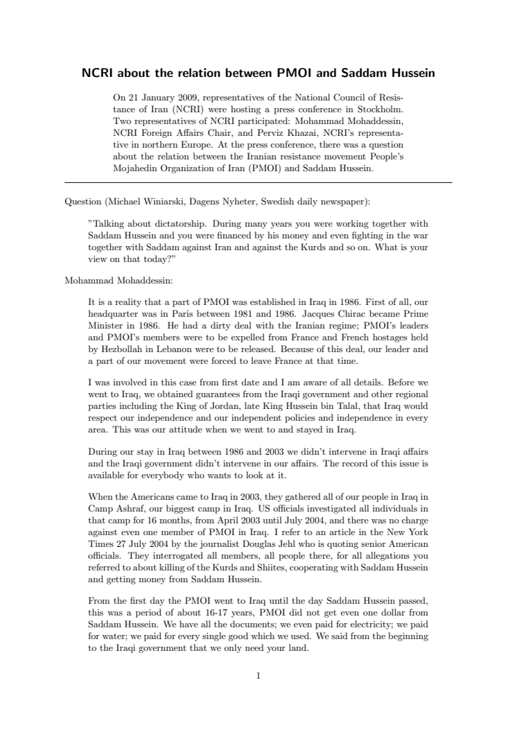 NCRI about the relation between PMOI and Saddam Hussein