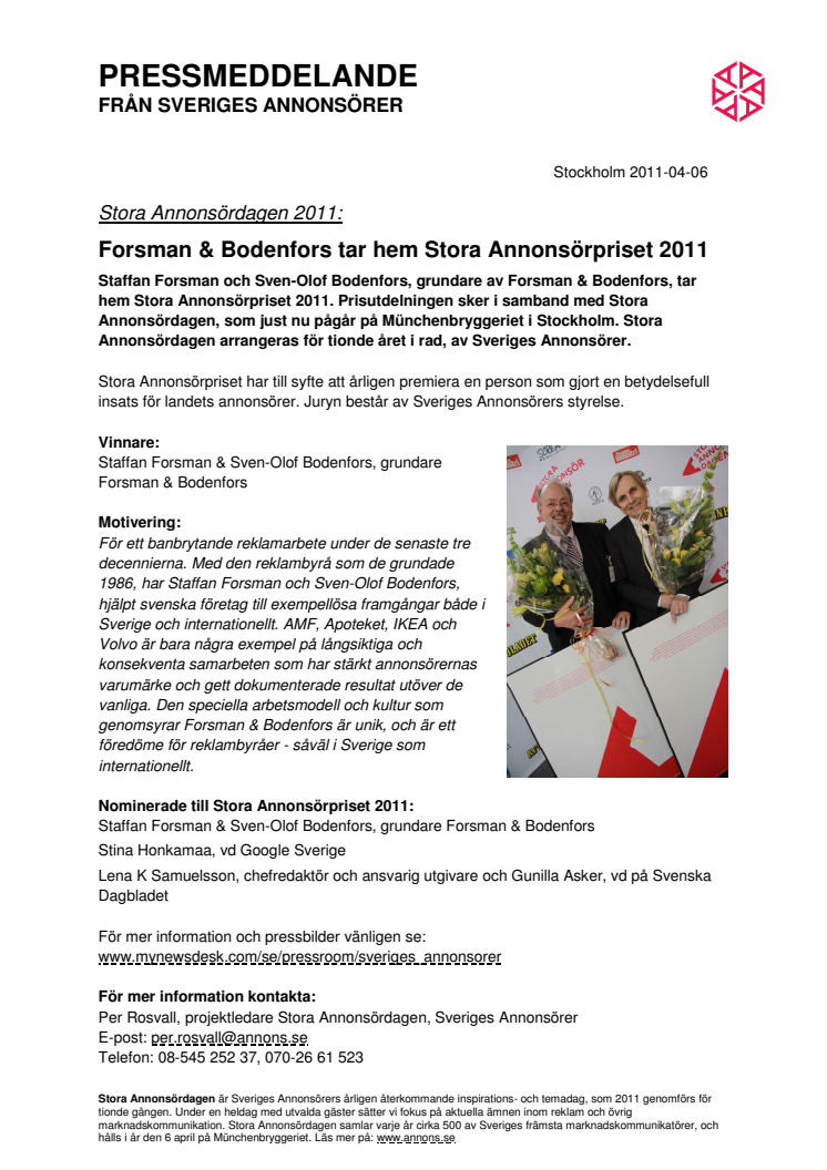 Stora Annonsördagen 2011: Forsman & Bodenfors tar hem Stora Annonsörpriset 2011 