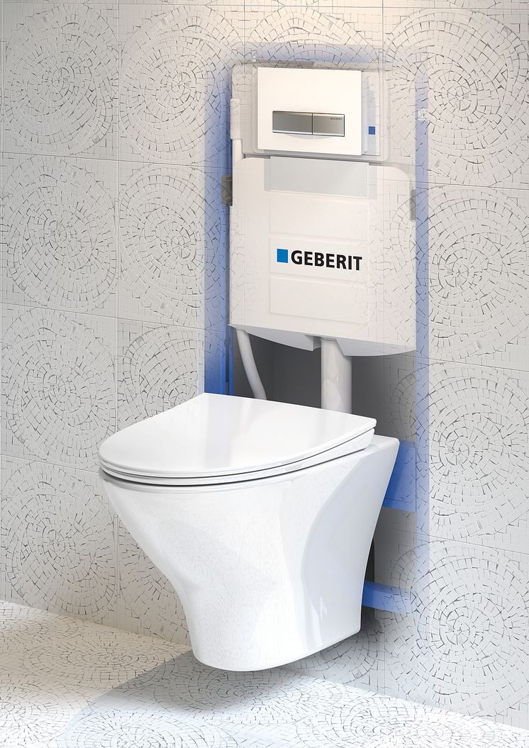 Geberit Duofix -seinä-wc-asennuselementti ja Ido Glow -istuin, läpi seinän -näkymä