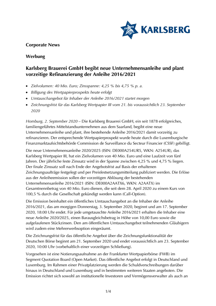Karlsberg Brauerei GmbH begibt neue Unternehmensanleihe und plant vorzeitige Refinanzierung der Anleihe 2016/2021