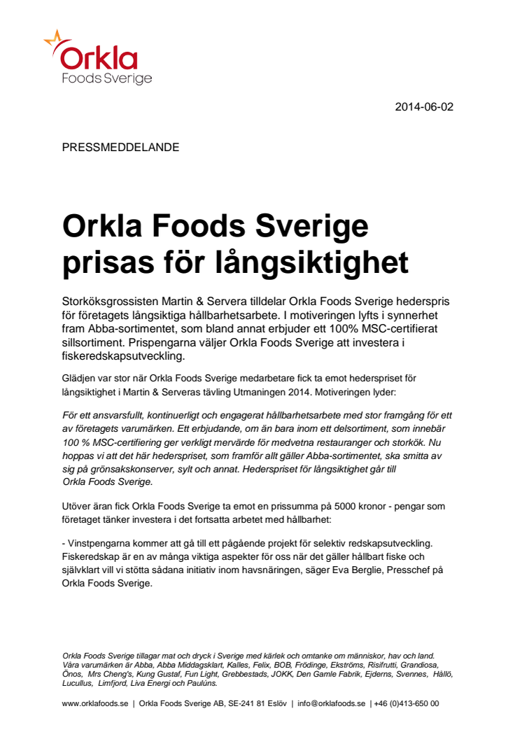 Orkla Foods Sverige prisas för långsiktighet