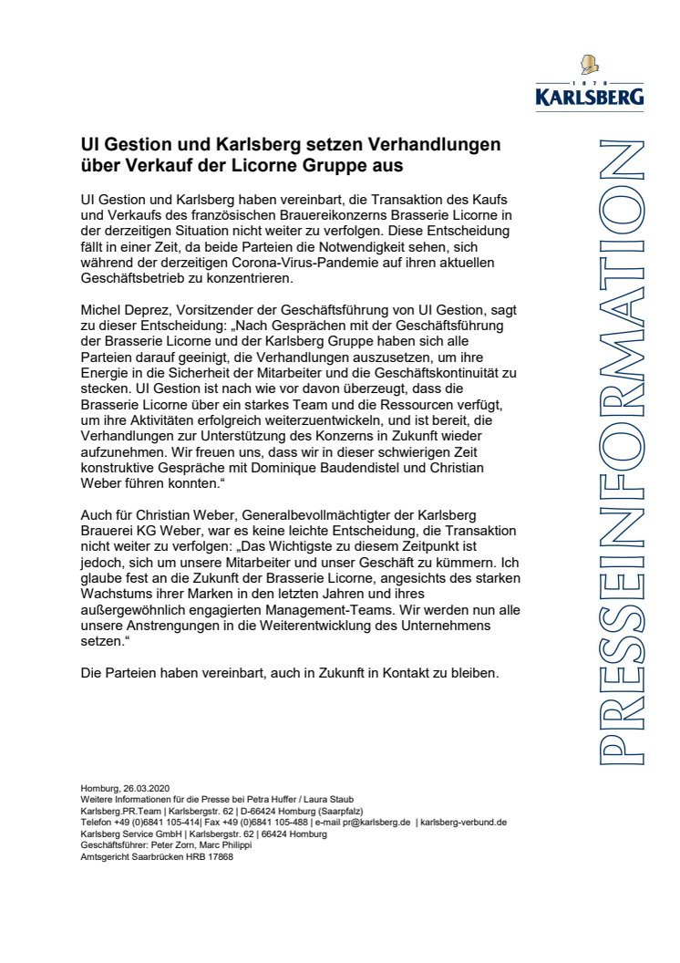 UI Gestion und Karlsberg setzen Verhandlungen über Verkauf der Licorne Gruppe aus