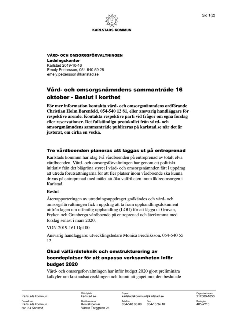 Vård- och omsorgsnämndens beslut i korthet 16 oktober