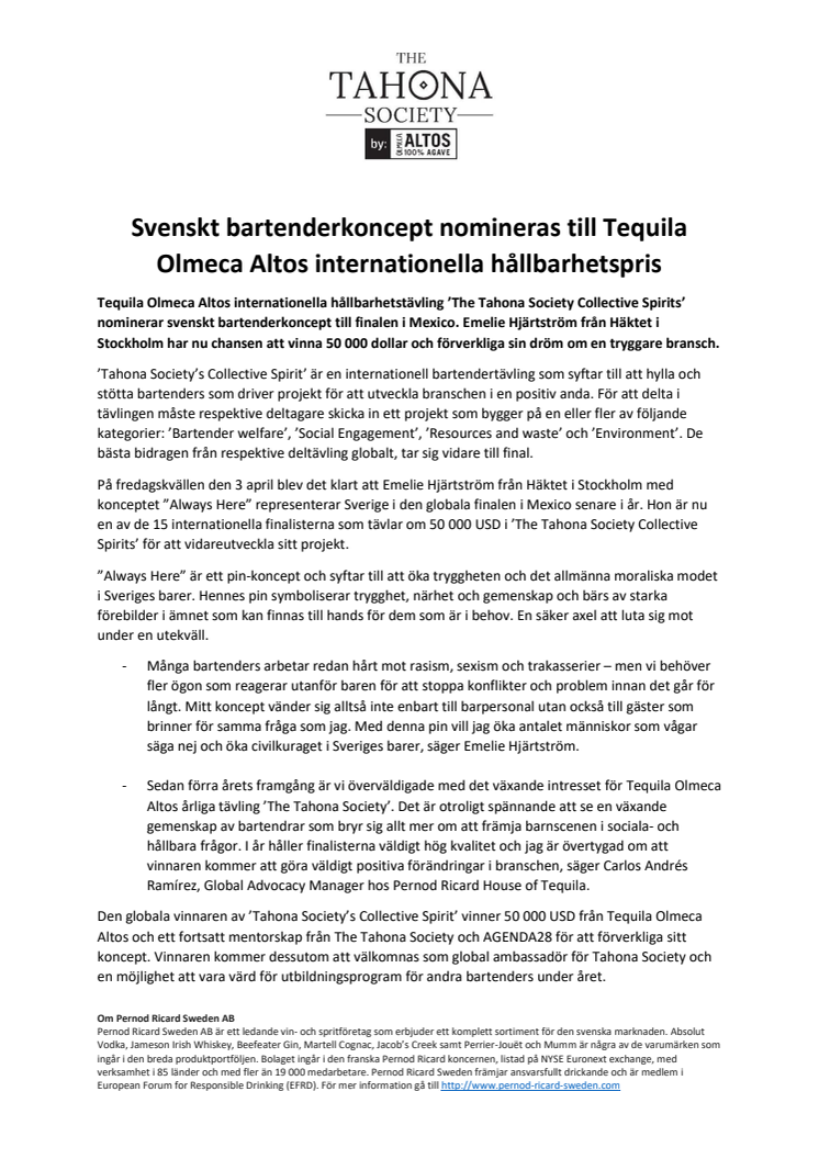 Svenskt bartenderkoncept nomineras till Tequila Olmeca Altos internationella hållbarhetspris