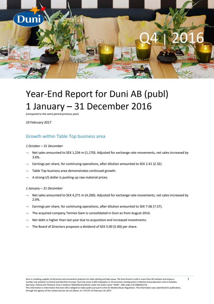 Year-End Report for Duni AB (publ) 1 January – 31 December 2016