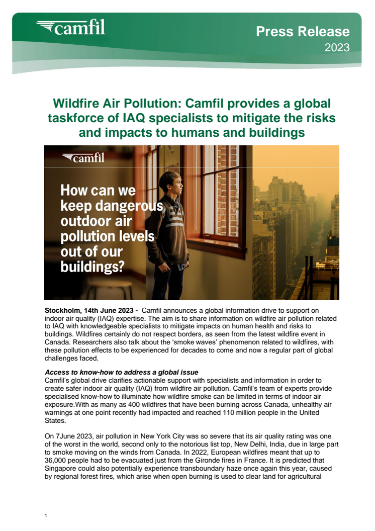Press Release_2023_14 June 2023_Wildfires air pollution_Camfil’s provides a global taskforce of IAQ specialists to mitigate the risks and impacts to human and buildings.pdf
