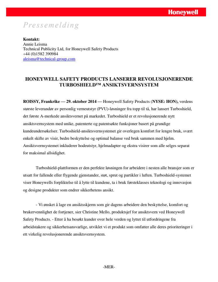 HONEYWELL SAFETY PRODUCTS INTRODUCERAR DET REVOLUTIONERANDE VISIRET TURBOSHIELD™