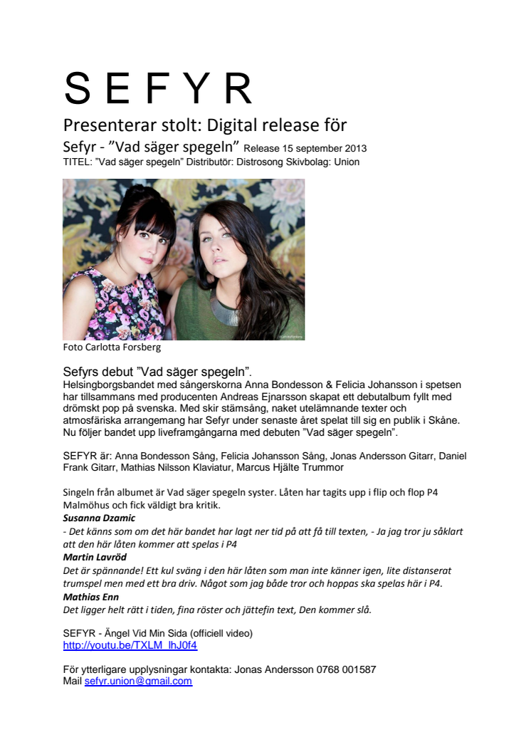 Digital release för Sefyr - ”Vad säger spegeln” Release 15 september 2013