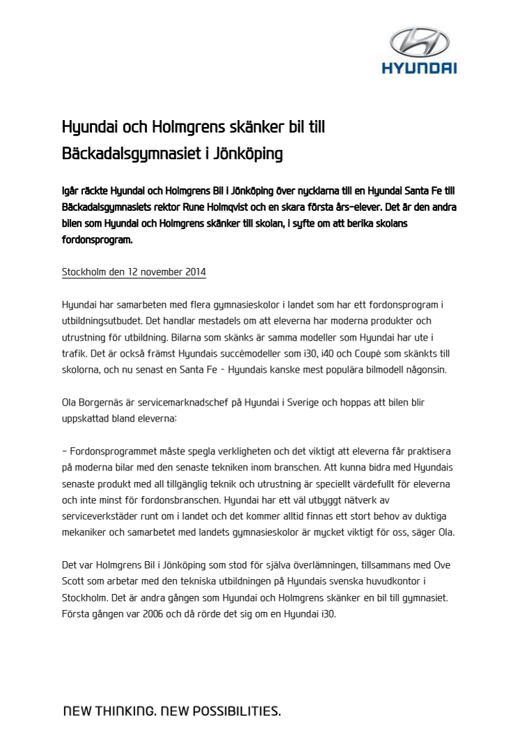 Hyundai och Holmgrens skänker bil till Bäckadalsgymnasiet i Jönköping