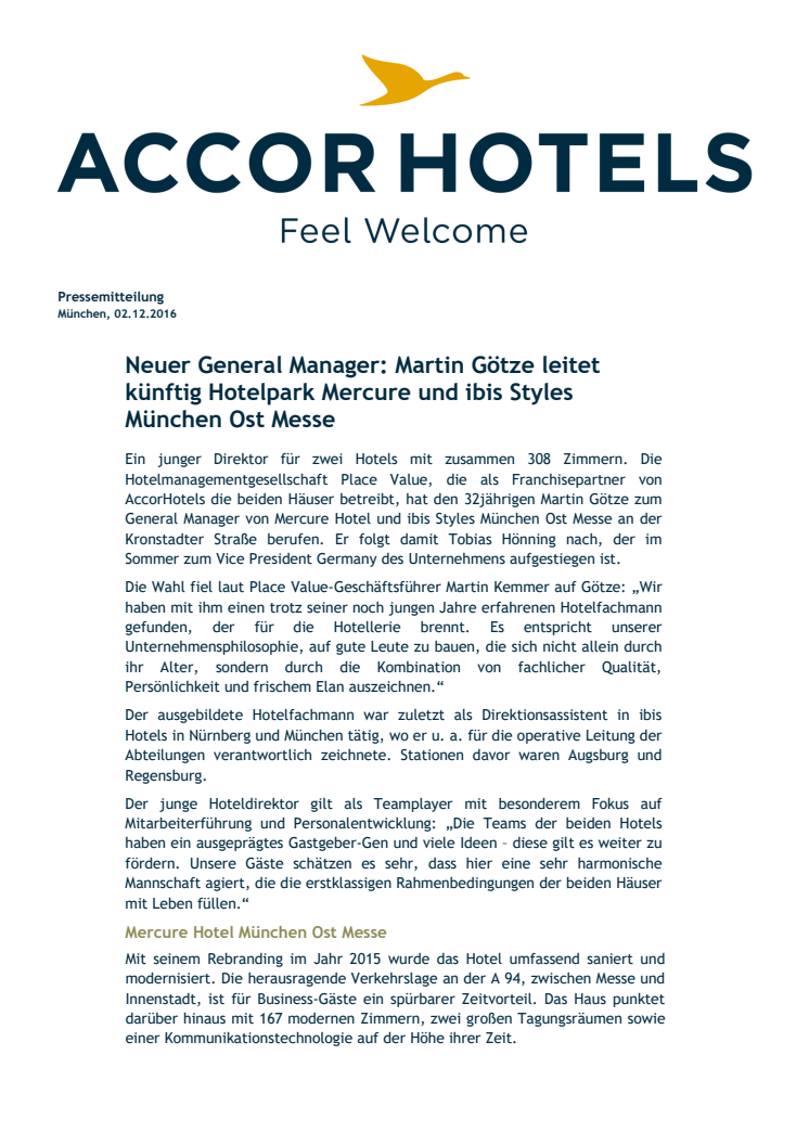 Neuer General Manager: Martin Götze leitet künftig Hotelpark Mercure und ibis Styles München Ost Messe