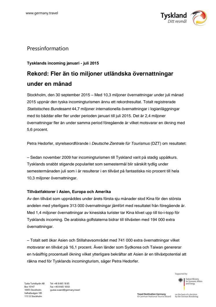 Nytt rekord för reselandet Tyskland: Fler än tio miljoner utländska övernattningar under en månad