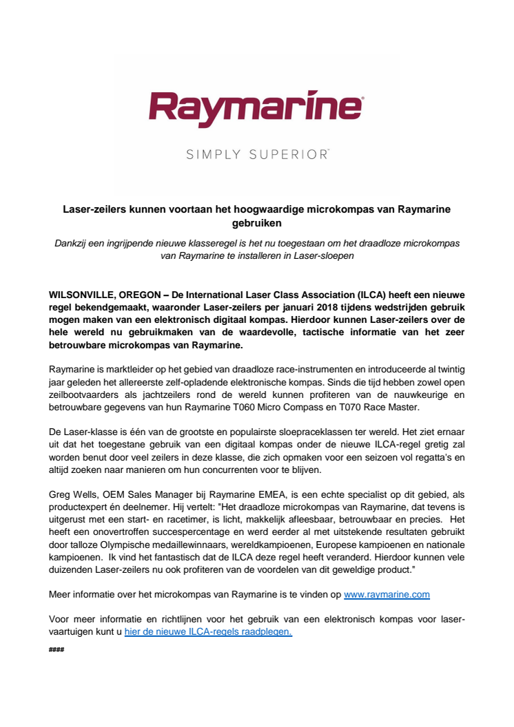 Raymarine: Laser-zeilers kunnen voortaan het hoogwaardige microkompas van Raymarine gebruiken